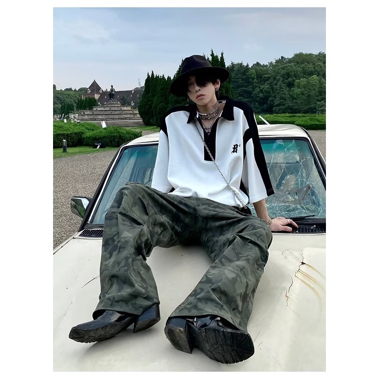 Áo Thun polo Ngắn Tay Dáng Rộng Có Khóa Kéo Màu Sắc Tương Phản Phong Cách Mỹ Thời Trang Mùa Hè Cho Nam