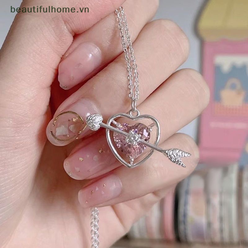 [beautifulhome] Vòng cổ Mặt Hình Mũi Tên / Trái Tim Đính Kim Cương Màu Hồng Thời Trang Cho Nữ [beauty]