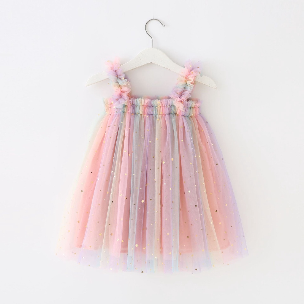 Đầm Công Chúa Hai Dây Phối Ren Họa Tiết Hoa Và Ngôi Sao Màu Cầu Vồng Dễ Thương Thời Trang Mùa Hè Cho Bé Gái