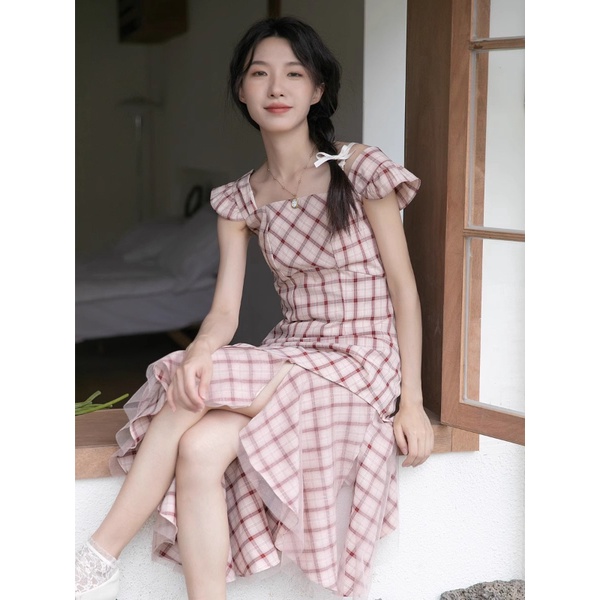 Đầm Đuôi Cá Họa Tiết Sọc Caro Phong Cách Pháp Thời Trang Mùa Hè Cho Nữ