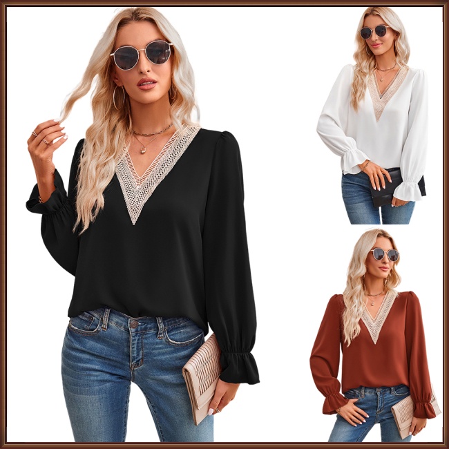 Áo Kiểu Tay Dài Cổ Chữ V Màu Sắc Thanh Lịch Dành Cho Nữ