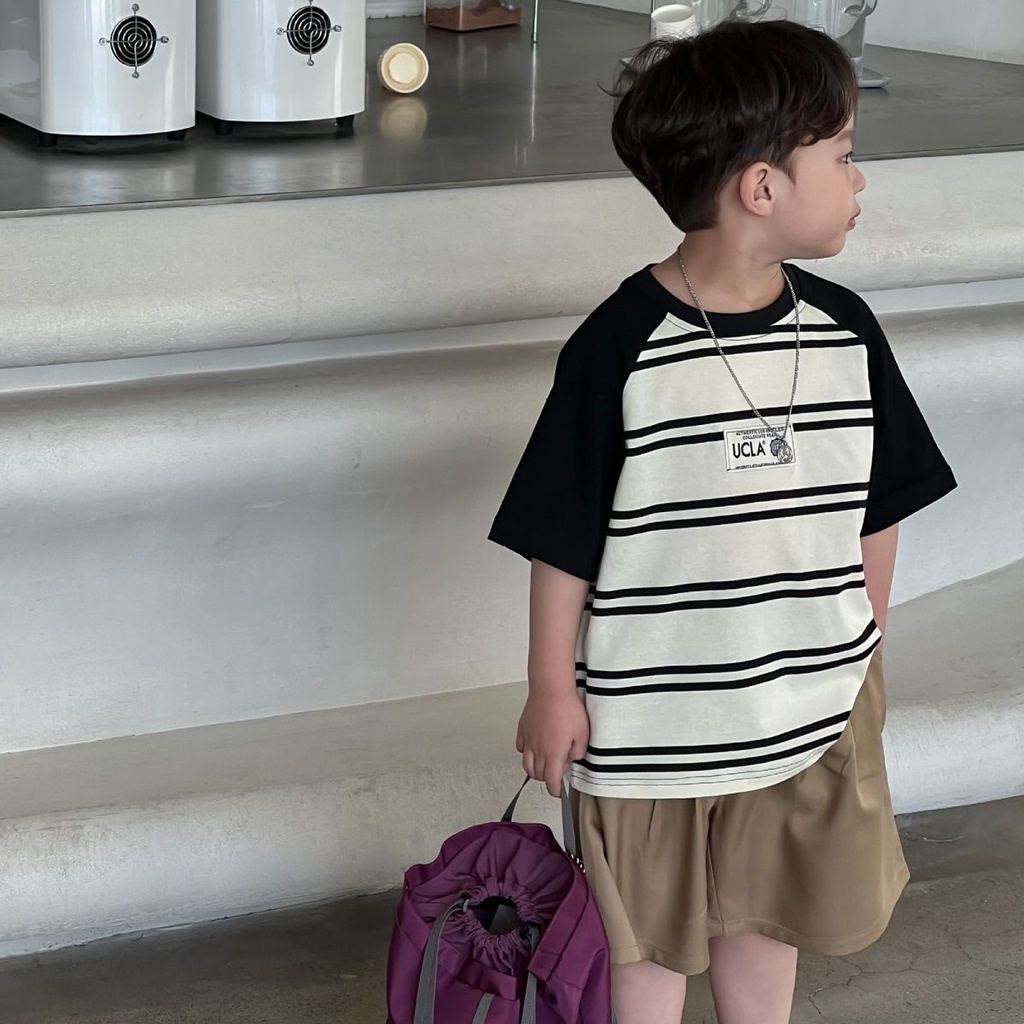 Áo Thun Raglan Tay Ngắn Họa Tiết Sọc Ngang Trắng Đen Bằng Cotton Thoải Mái Thời Trang Mùa Hè Cho Bé Trai