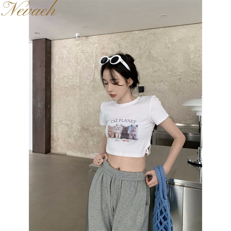 Áo Thun Tay Ngắn Dáng Ôm In Họa Tiết Mèo Thời Trang Mùa Hè Xinh Xắn Cho Nữ