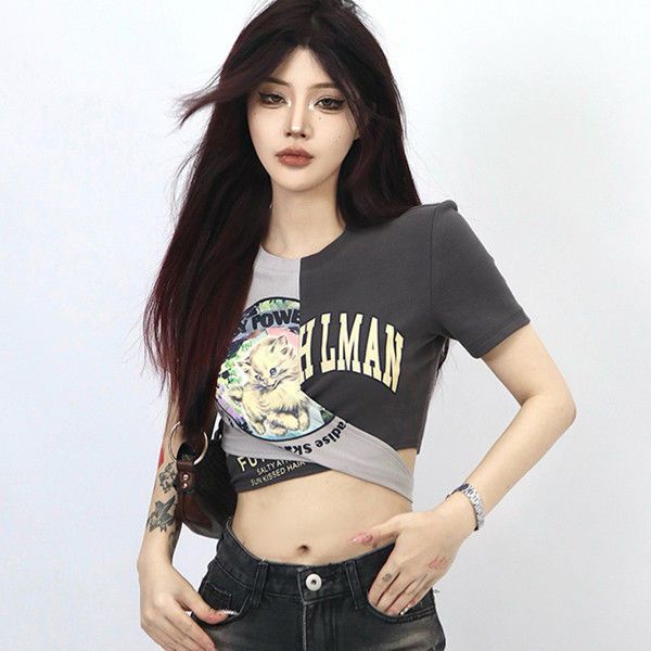 Áo Thun Ngắn Tay Phối Màu Sắc Tương Phản Cá Tính Cho Nữ