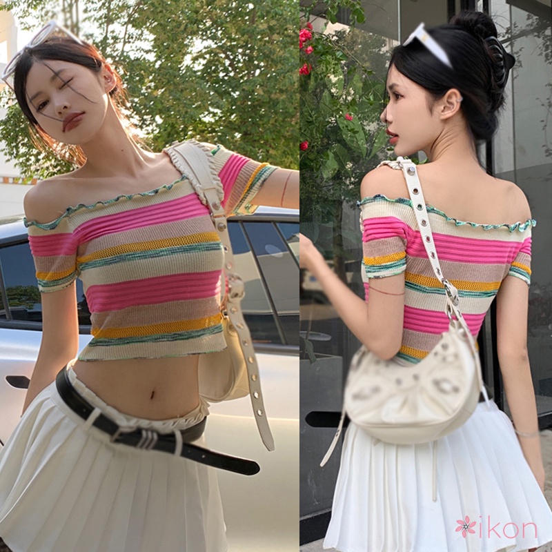 Áo Croptop Dệt Kim Trễ Vai Tay Ngắn Màu Sắc Cầu Vồng Ngọt Ngào Thời Trang Mùa Hè Phong Cách Hàn Quốc Cho Nữ