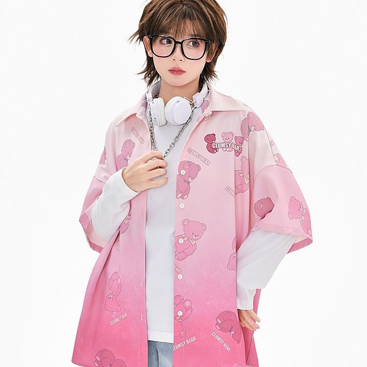 Áo Sơ Mi Polo Màu Hồng Gradient Họa Tiết Gấu Nhỏ Buộc Cà Vạt Thiết Kế Nhỏ Nhắn Thời Trang Cho Nữ [Gửi Cà Vạt]