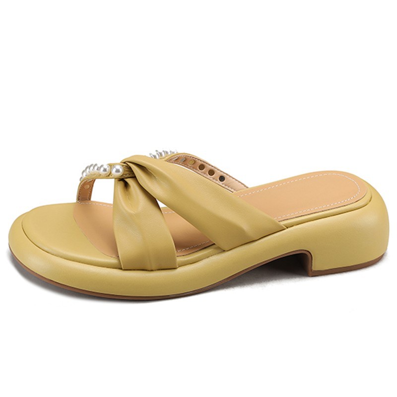 Duoya Tóc Thẳng ~ [Hàng Có Sẵn] Giày Sandal Hở Ngón Mũi Tròn Bằng Da Thật Đế Dày Mùa Hè Cỡ Lớn Mềm Mại Đính Ngọc Trai Cho Nữ