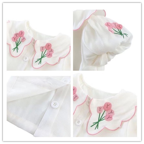 Áo Sơ Mi Trắng Cotton Tay Ngắn Thêu Hình Dành Cho Bé Gái Mùa Hè 2023 ，áo thun dài tay bé gái
