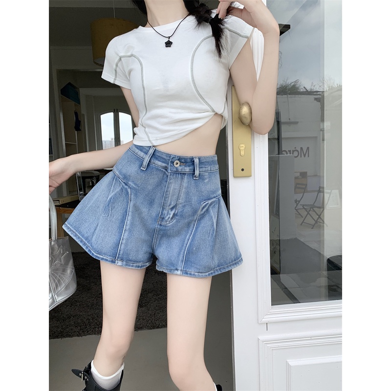 Quần Short Denim Dáng Chữ A Lưng Cao Ống Rộng Thời Trang Mùa Hè Năng Động