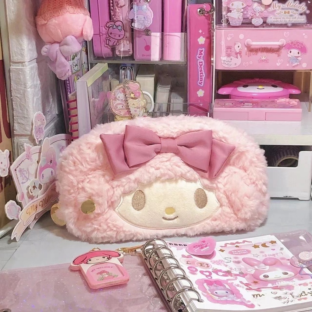 Sanrio Túi Đựng Bút Chì / Mỹ Phẩm Bằng Vải Bông Họa Tiết Melody Cinnamoroll Hoạt Hình Đáng Yêu Thời Trang Sức Chứa Lớn Dành