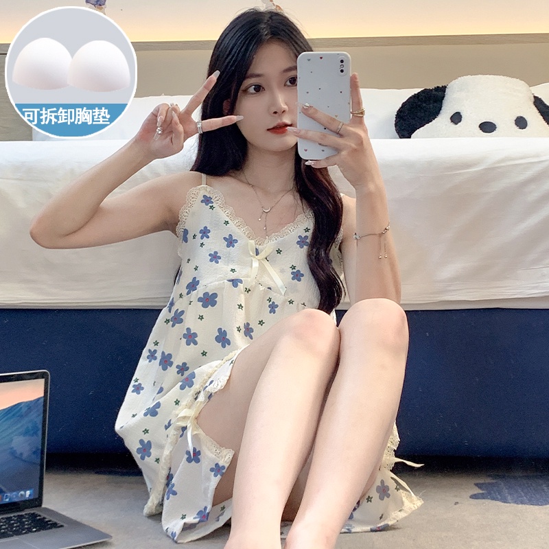 Bộ Đồ Ngủ Hai Mảnh Áo Có Đệm Ngực Và Quần Short In Hình Hoa Xanh Dương Đáng Yêu Thời Trang Mùa Hè Mới Dành Cho Bạn Nữ Mặc Ở Nhà # Ốp Điện Thoại Thời Trang Cho M-XXL