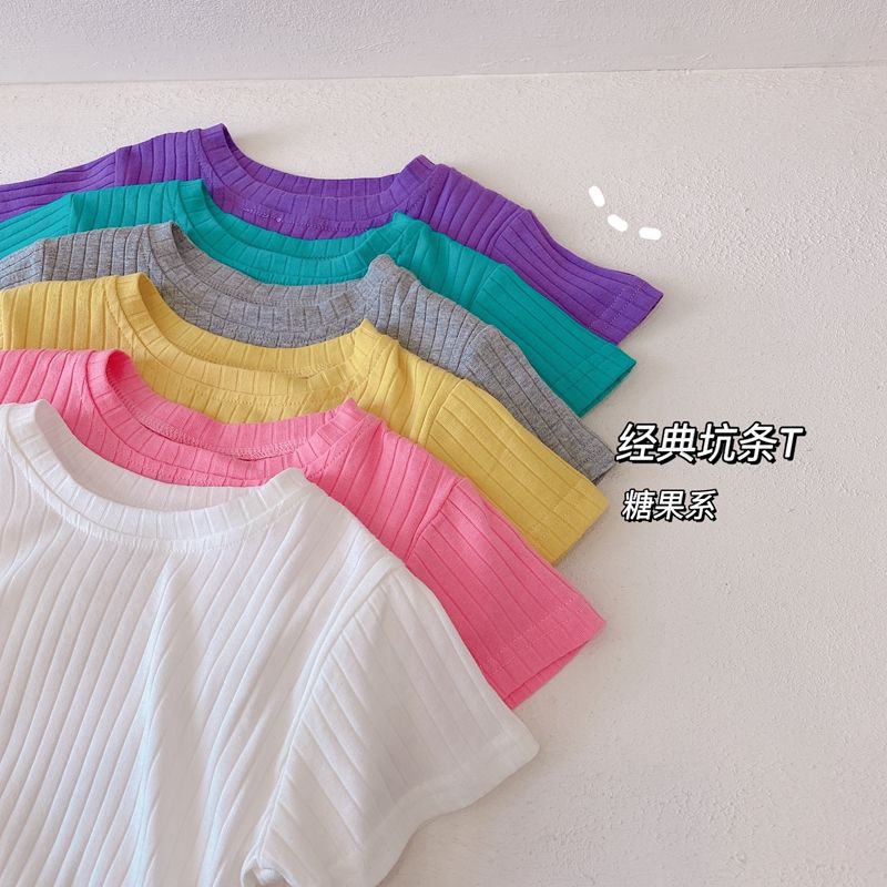 Áo Thun Tay Ngắn Cổ Tròn Họa Tiết Sọc Ngang Màu Sắc Ngọt Ngào Thời Trang Mùa Hè Xinh Xắn Cho Bé Gái