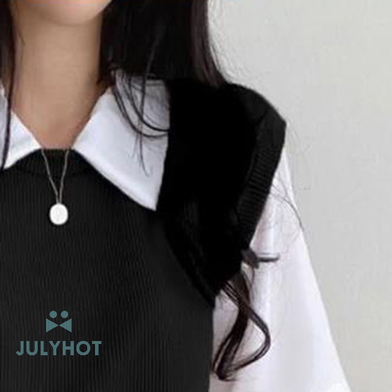 Mùa Hè Mát Mẻ Giả Hai Mảnh Ngắn Tay Áo T-Shirt Preppy Phong Cách Phụ Nữ Ve Áo Lỏng Lẻo Giản Dị T-Shirt VN