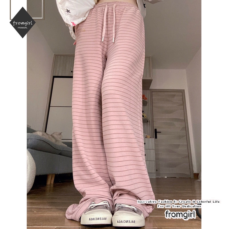 Quần Dài Lưng Cao Ống Rộng Họa Tiết Kẻ Sọc Màu Hồng Thời Trang Xuân Thu Cho Nữ