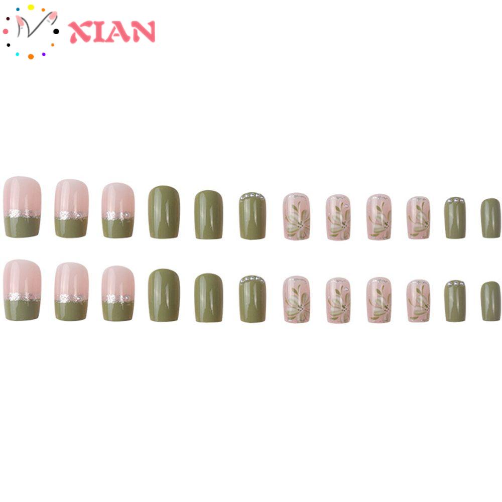 Hộp 24 Móng Tay Giả Có Thể Tháo Rời Tiện Dụng|Bộ Móng Tay Giả Dài Trung Bình Màu Xanh Lá Cây