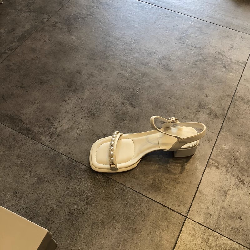 Duoya Tóc Thẳng ~ [Hàng Có Sẵn] Giày Sandal Hở Ngón Gót Dày Vừa Quai Đính Ngọc Trai Thời Trang Hàn Quốc Cho Nữ