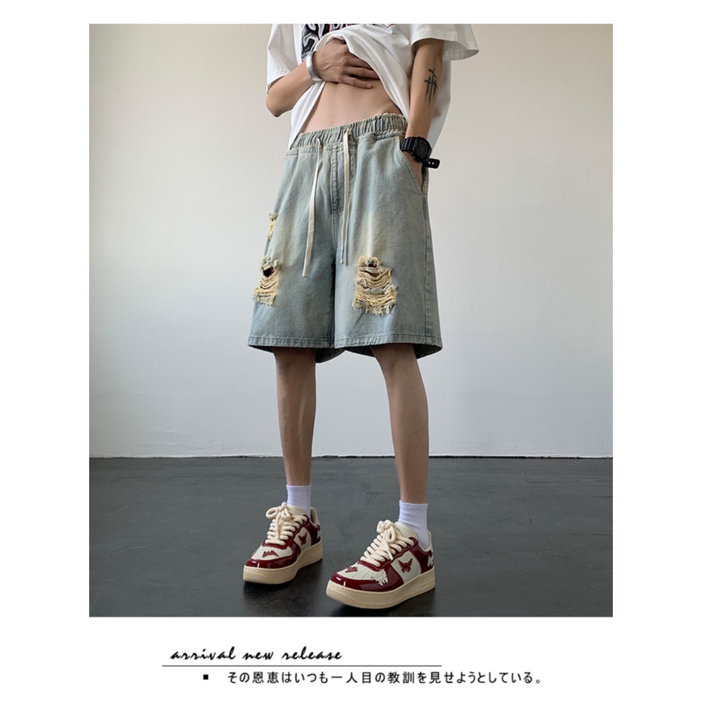 Quần Short Denim Mỏng Dáng Rộng Rách Cá Tính Phong Cách Retro Đường Phố Mỹ Cho Nam