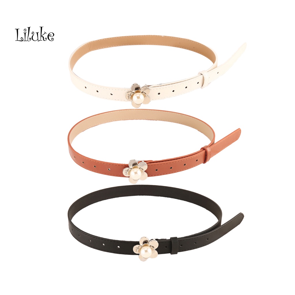 Thắt Lưng Nữ Giả Da Màu Trơn Trang Trí Hoa Đính Ngọc Trai Xinh Xắn