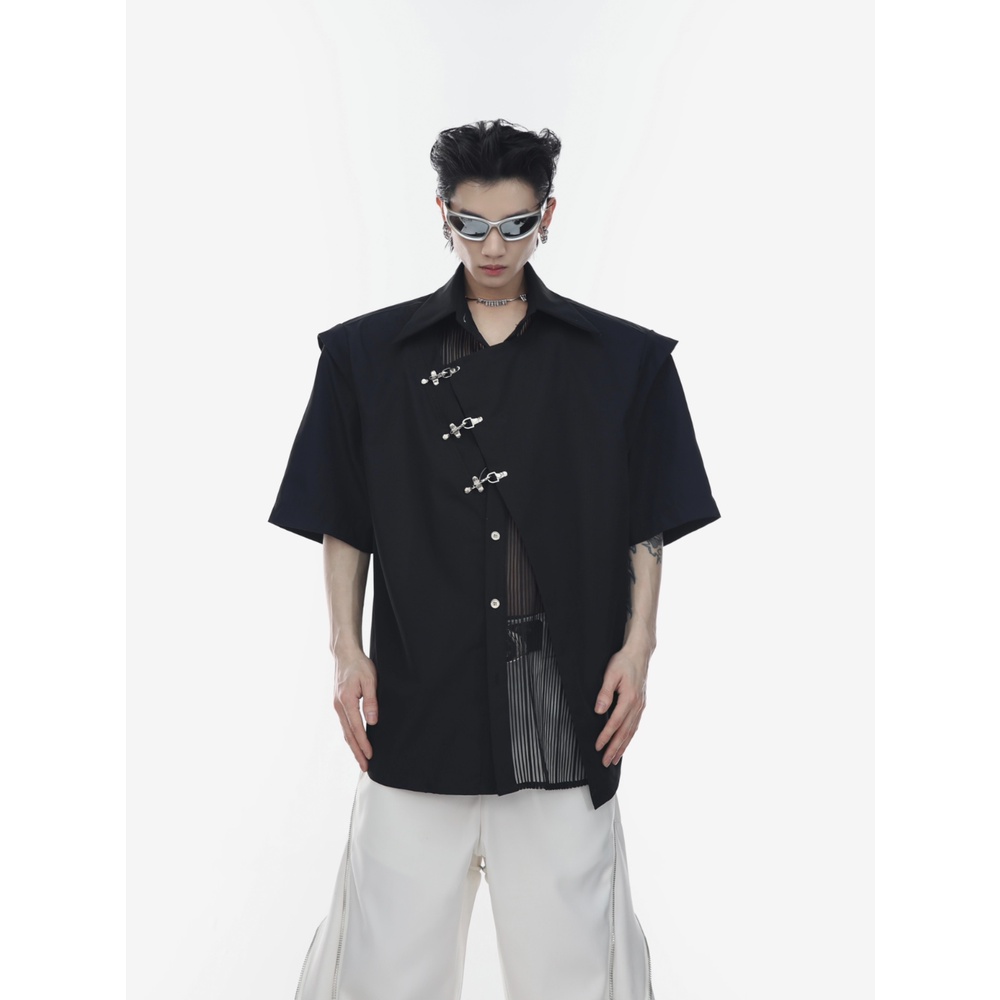 Áo Sơ Mi Ngắn Tay Hai Lớp Phối Nút Kim Loại Hình Máy Bay Thời Trang Mùa Hè
