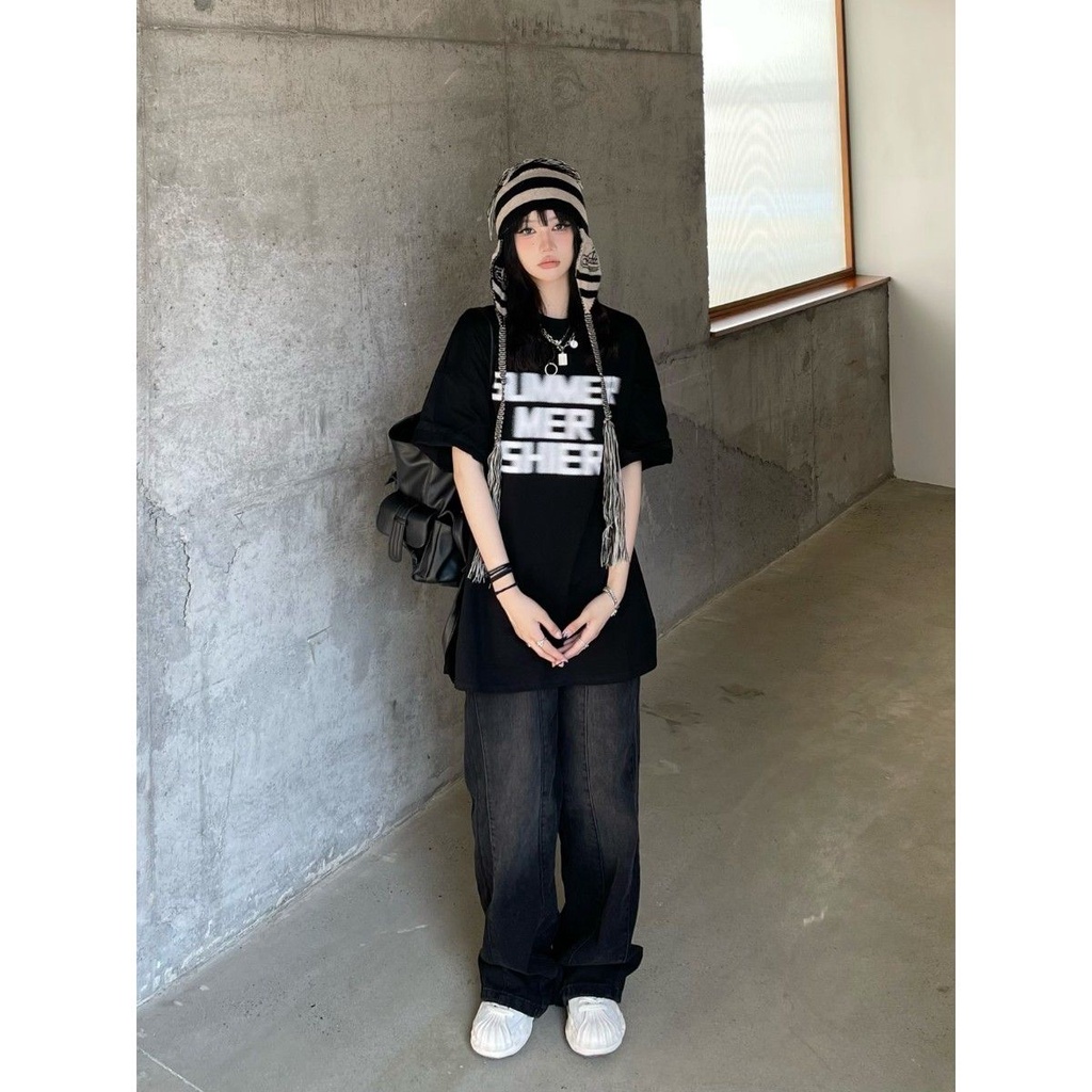 Quần Jean Ống Rộng Phối Thắt Lưng Phong Cách Retro Mỹ Cho Nữ