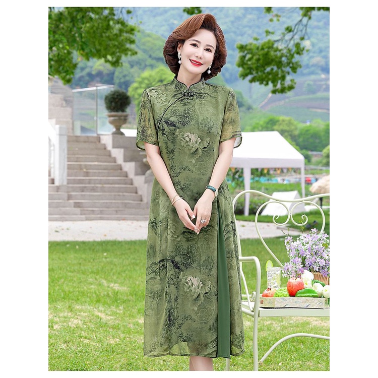 Đầm Dài Cổ Tròn Dáng Rộng Thời Trang Cho Phụ Nữ Trung Niên