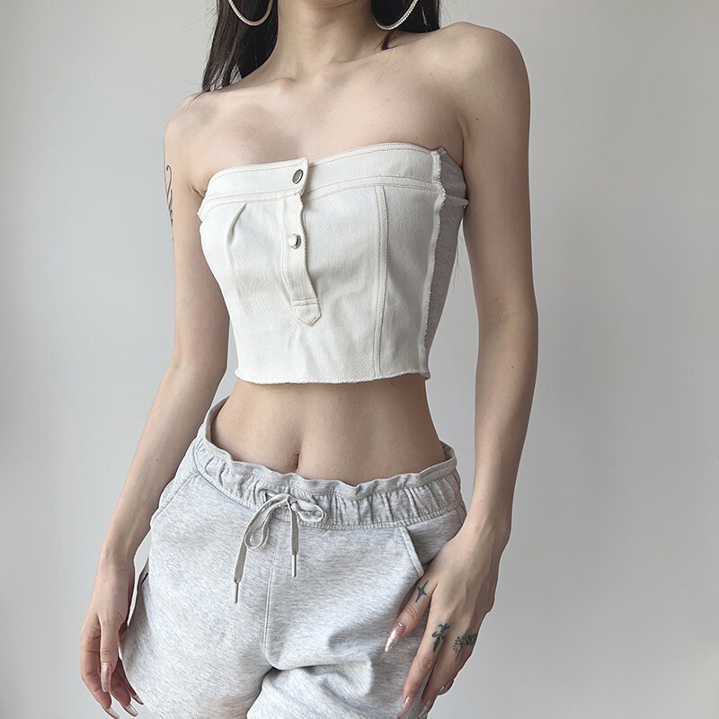 Kliou Áo Denim Không Dây Dáng Ôm Co Giãn Thời Trang Mùa Hè 2023