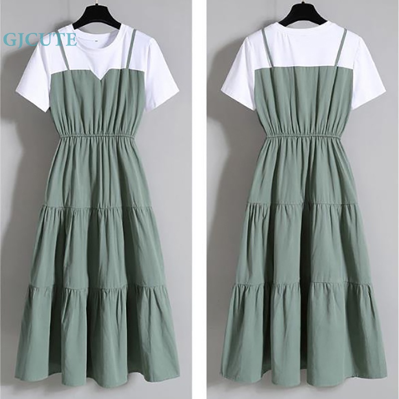Đầm Midi Giả Hai Lớp Tay Ngắn Cỡ Lớn Thời Trang Mùa Hè Cho Nữ