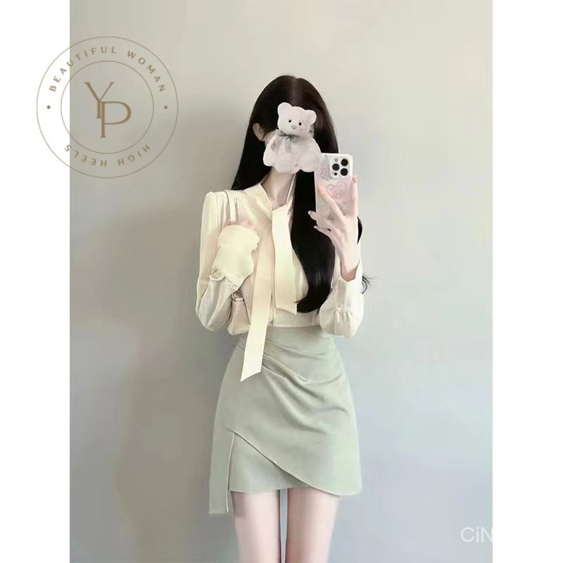 Bộ Áo Sơ Mi + Chân Váy Lưng Cao Phong Cách Pháp Thời Trang Mùa Xuân 2023 Mới Cho Nữ