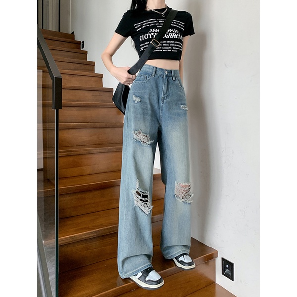 NZN Quần Jean Nữ Lưng Cao Ống Rộng Rách Gối Thời Trang Hàn Quốc