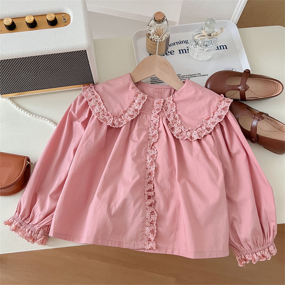 BEAR LEADER Set Đồ Mùa Hè 2 Món Gồm Áo Sơ Mi Tay Dài Cổ Búp Bê Màu Hồng + Quần Jeans Viền Hoa Màu Trơn Cho Bé Gái 2-6 Tuổi