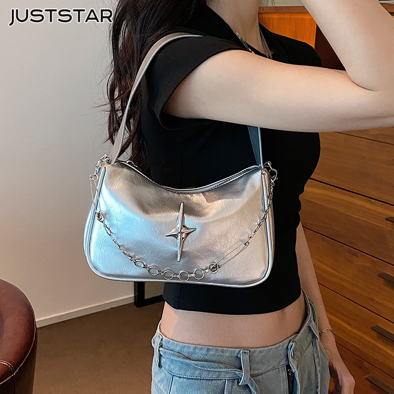 Túi kẹp nách JUSTSTAR phối chuỗi đính đinh tán ngôi sao thời trang Hàn Quốc thiết kế cao cấp thường ngày