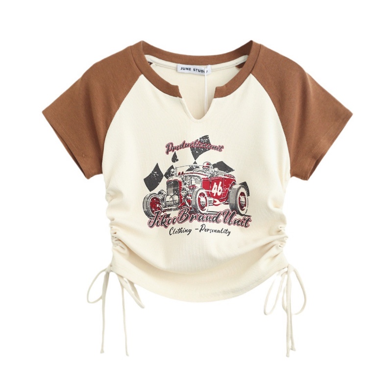 Áo Thun Tay Ngắn Phối Dây Rút Họa Tiết In Phong Cách Mỹ Thời Trang Mùa Hè Cho Nữ AC0468