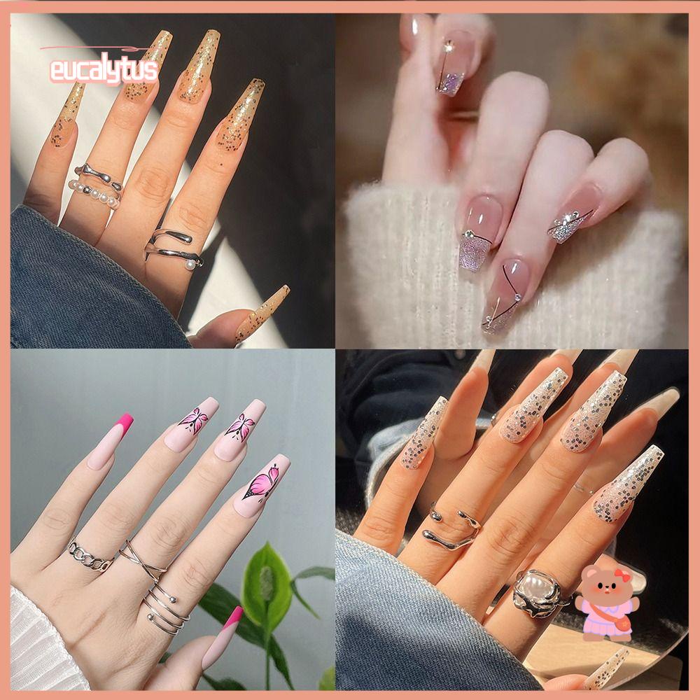 EUTUS Set 24 Móng Tay Giả Màu Hồng Hình Bướm