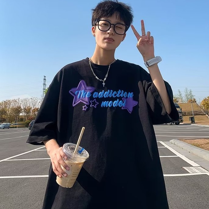 Áo Thun Cotton Tay Ngắn Dáng Rộng In Hình Ngôi Sao Thời Trang Mùa Hè Cho Cặp Đôi