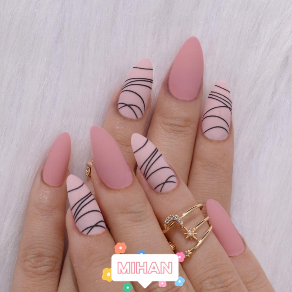 MIHAN1 Set 24 Móng Tay Giả Màu Hồng Và Đen Có Thể Tháo Rời MIHAN1