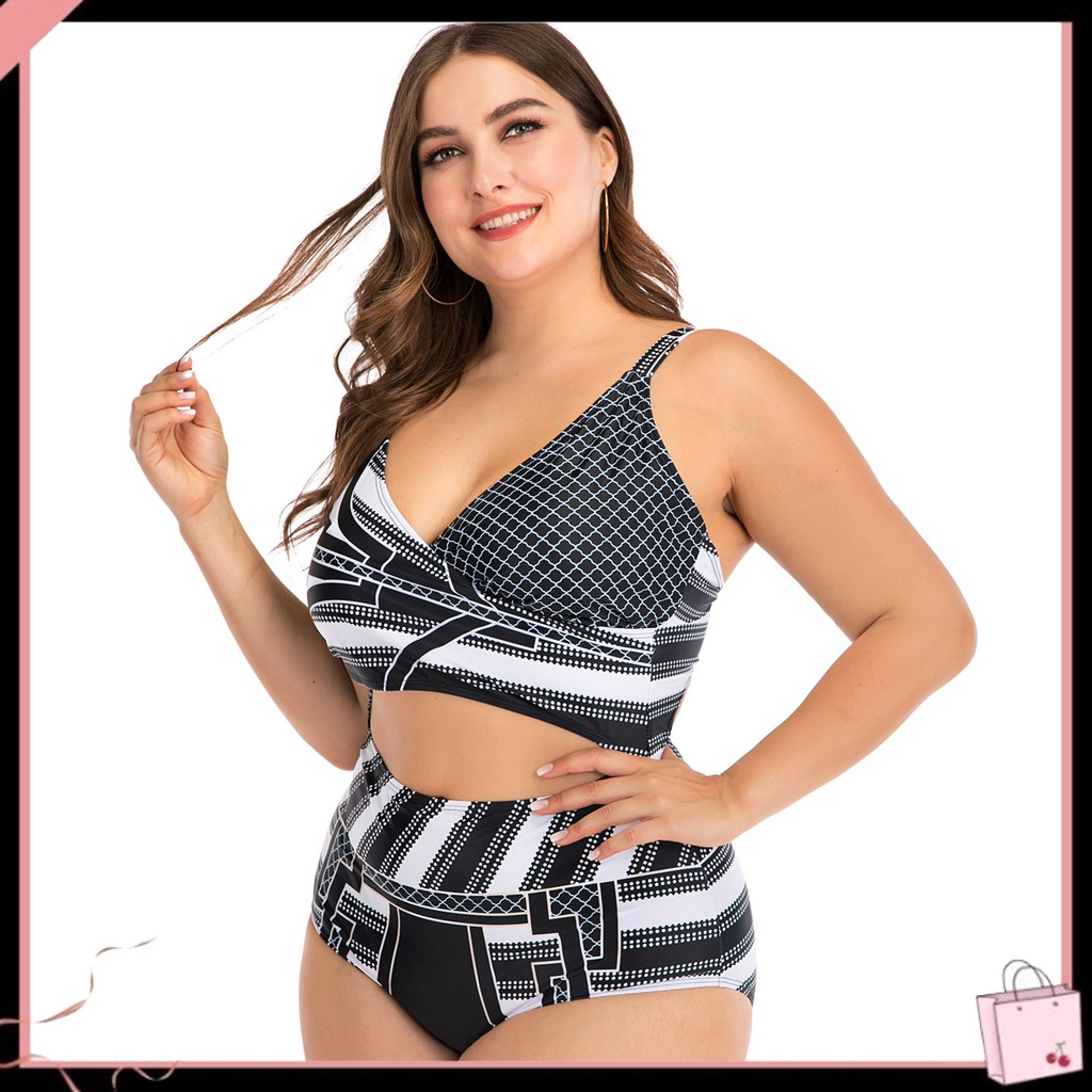 {Soltweter} Bộ Đồ Bơi Bikini Đi Biển Cỡ Lớn Độ Co Giãn Cao In Họa Tiết Sọc Chéo Cho Nữ