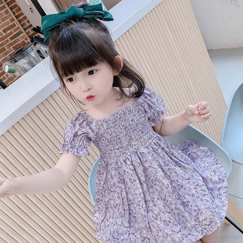 Đầm Hoa Tay Phồng Ngắn Thoáng Khí Thoải Mái Thời Trang Mùa Hè Cho Bé Gái