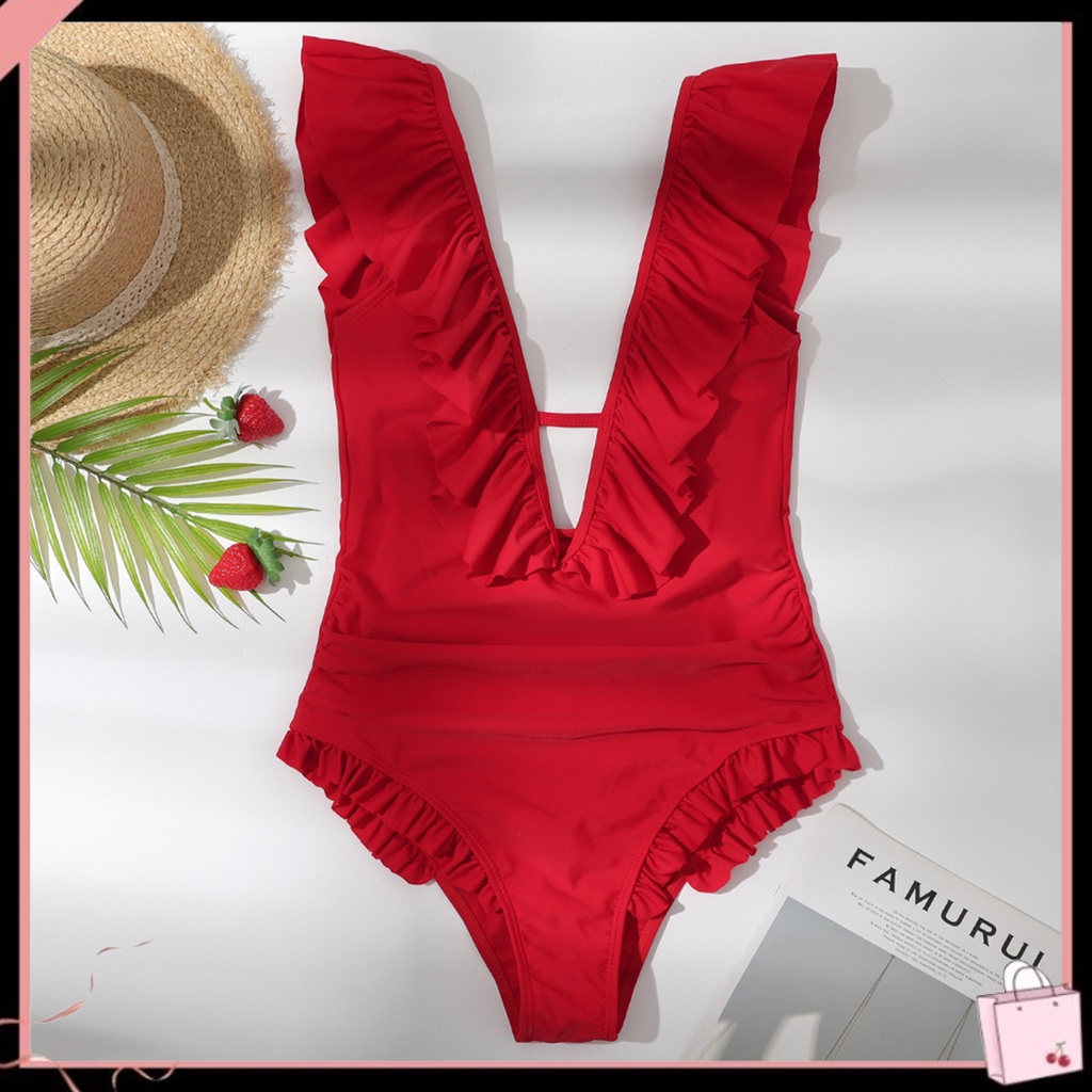 Bộ Đồ Bơi Một Mảnh Bằng Polyester Phối Bèo Hở Lưng Quyến Rũ Thoải Mái Cho Nữ