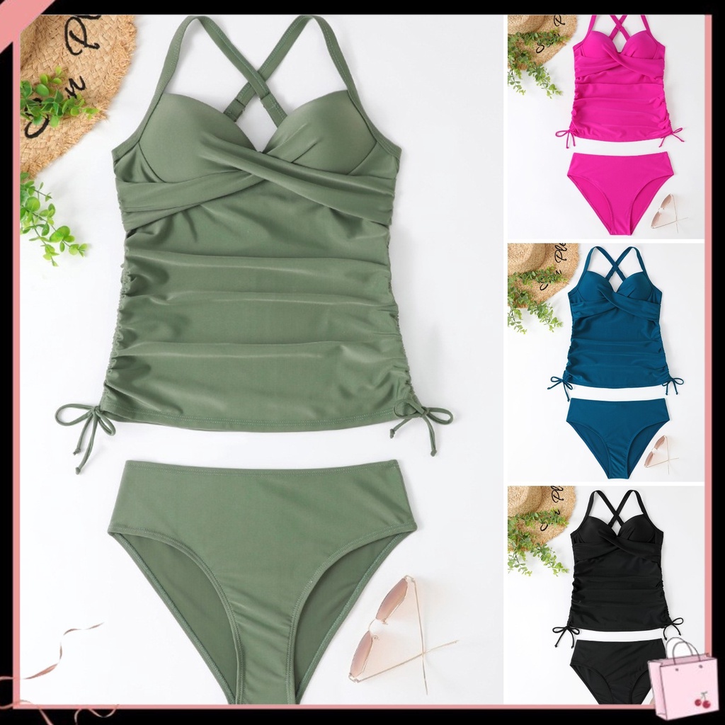 1 Bộ Đồ Bơi Bằng Polyester Không Gọng Dây Chéo Trước Ngực Thoáng Khí Thời Trang Đi Biển Cho Nữ