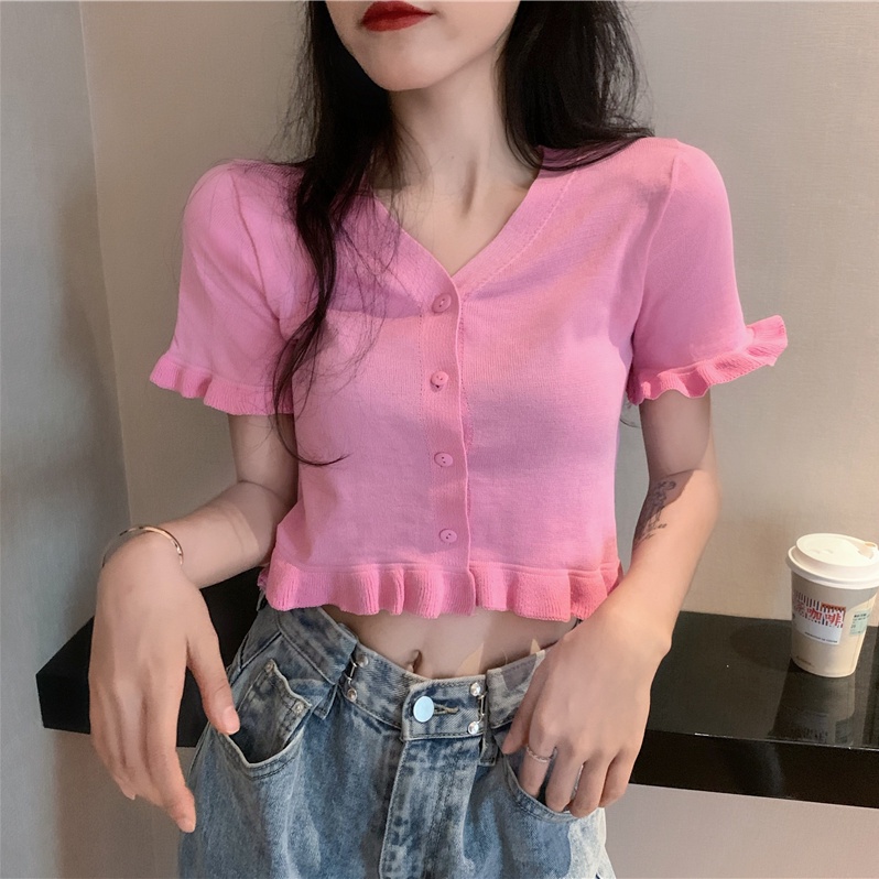 Áo Cardigan Dệt Kim Tay Ngắn Màu Trơn Thời Trang Mùa Hè Mới
