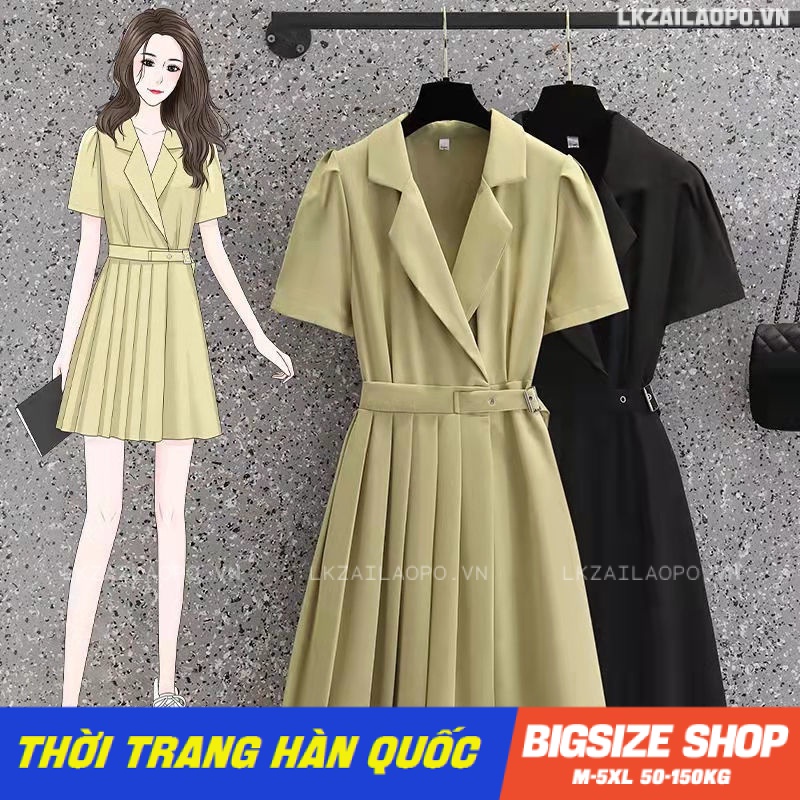 Váy đầm nữ Bigsize Đầm Vest dáng suông tay ngắn có cổ xếp ly mùa hè Phong cách Hàn Quốc Thời Trang đẹp