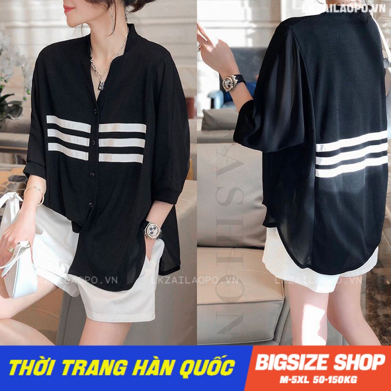 Áo sơ mi nữ tay ngắn Bigsize Áo sơ mi voan form rộng cổ chữ v đen mùa hè Phong cách Hàn Quốc Thời Trang đẹp