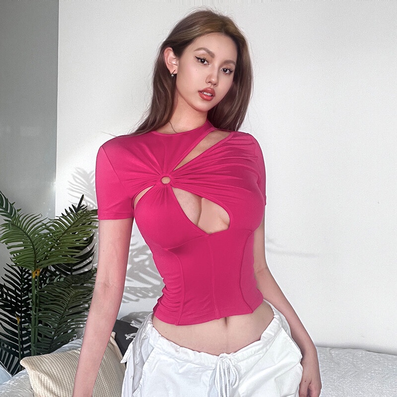 Klalien Áo Thun Crop Top Tay Ngắn Cổ Tròn Dáng Ôm Màu Đỏ Trơn Thời Trang Dự Tiệc Đường Phố Quyến Rũ Cho Nữ