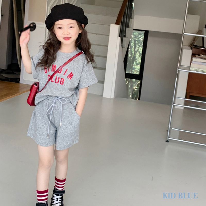 Set Áo Thun Ngắn Tay Cổ Tròn In Chữ + Quần Short Thời Trang Hàn Quốc Cho Bé Gái