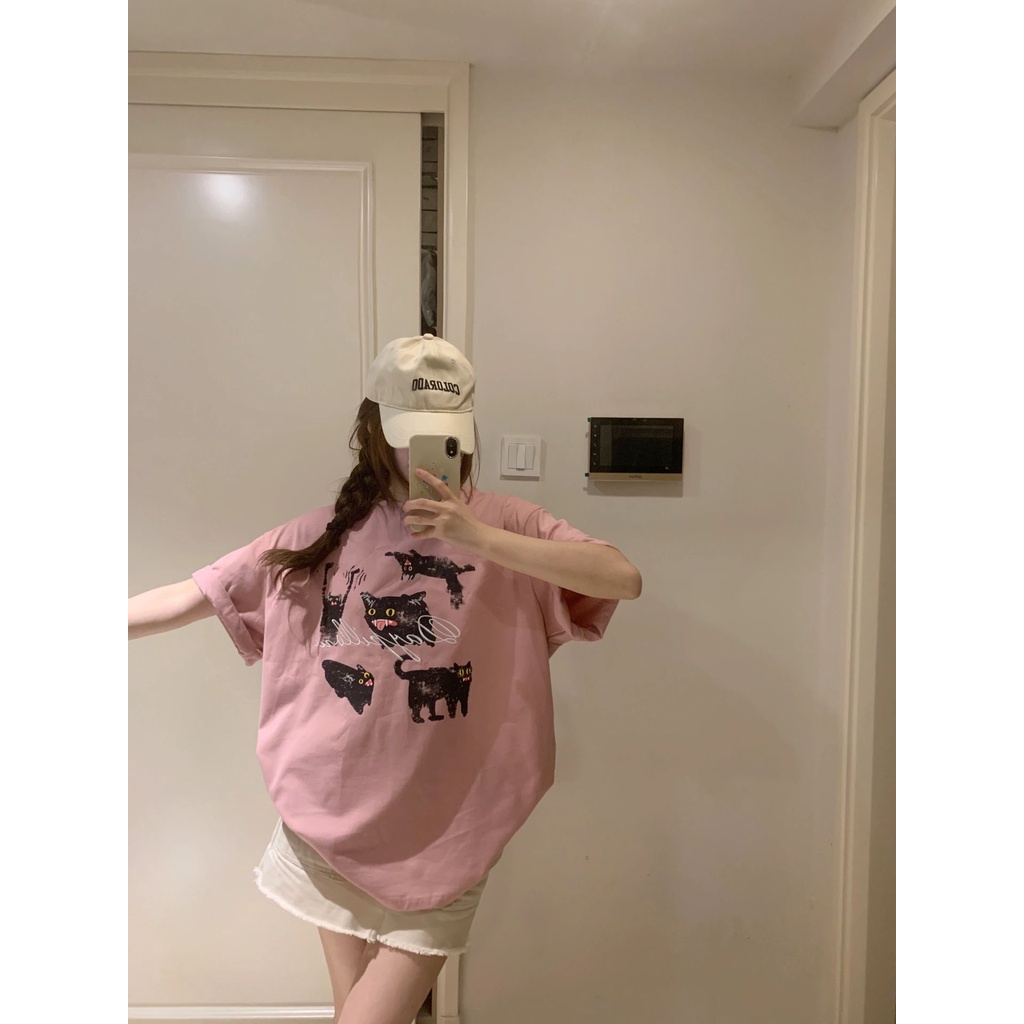 NRVP Áo Thun 100% Cotton Tay Ngắn Dáng Suông In Họa Tiết Hoạt Hình Phong Cách Hàn Quốc Thời Trang Hè 2023 Cho Nữ