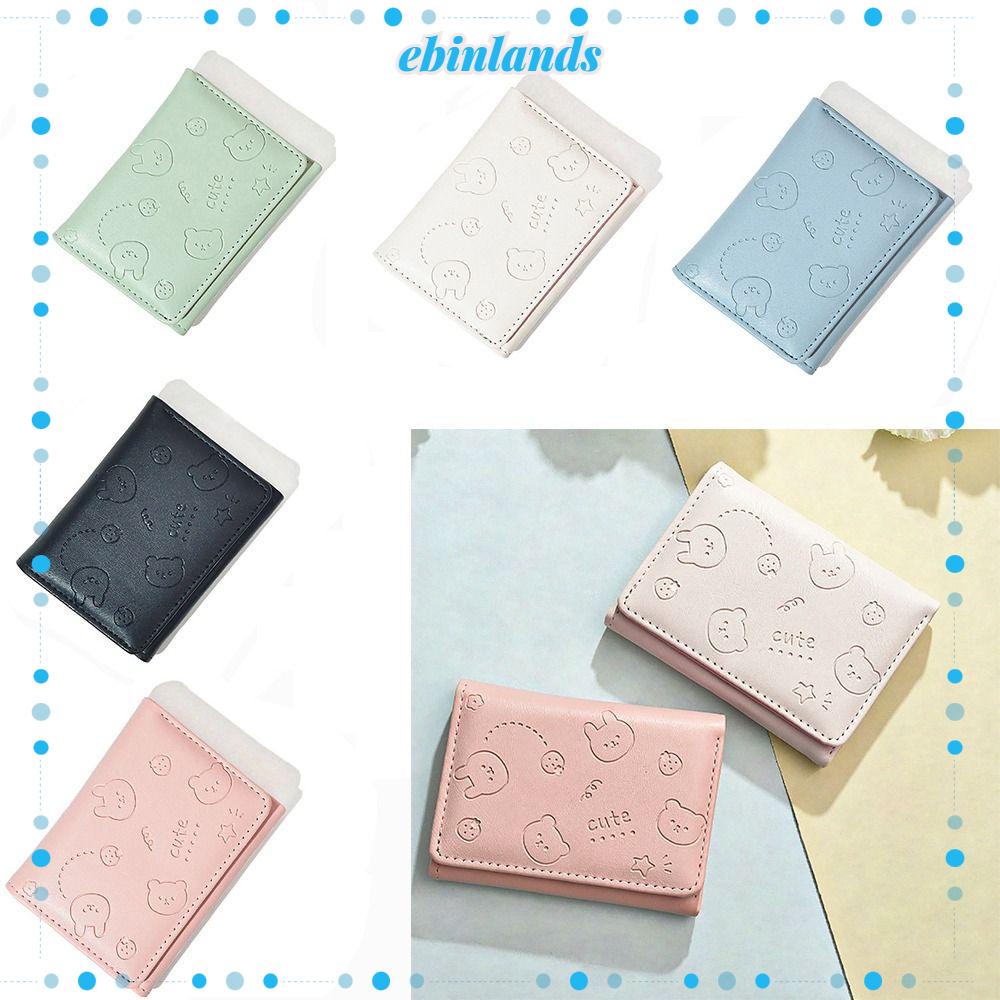 EBINLANDS Ví Ngắn Gập Ba Bằng Da PU In Họa Tiết Thỏ Có Mặt Dây Chuyền Lông Xù Cho Nữ