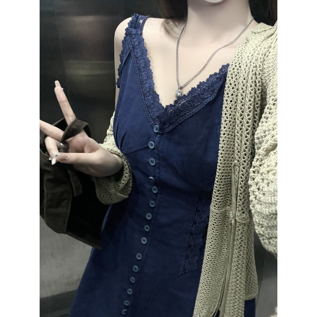 Bộ Đầm Hai Dây Phối Ren Và Áo Khoác Cardigan Thời Trang Mùa Hè 2023 Phong Cách Mới Cho Nữ Y2K