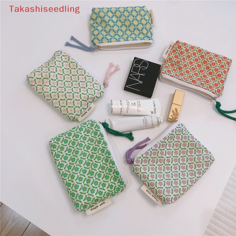 Túi Đựng Mỹ Phẩm / Tiền Xu Mini Bằng Vải Cotton Có Khóa Kéo Họa Tiết Hoa Phong Cách Hàn Quốc Cho Nữ Ốp