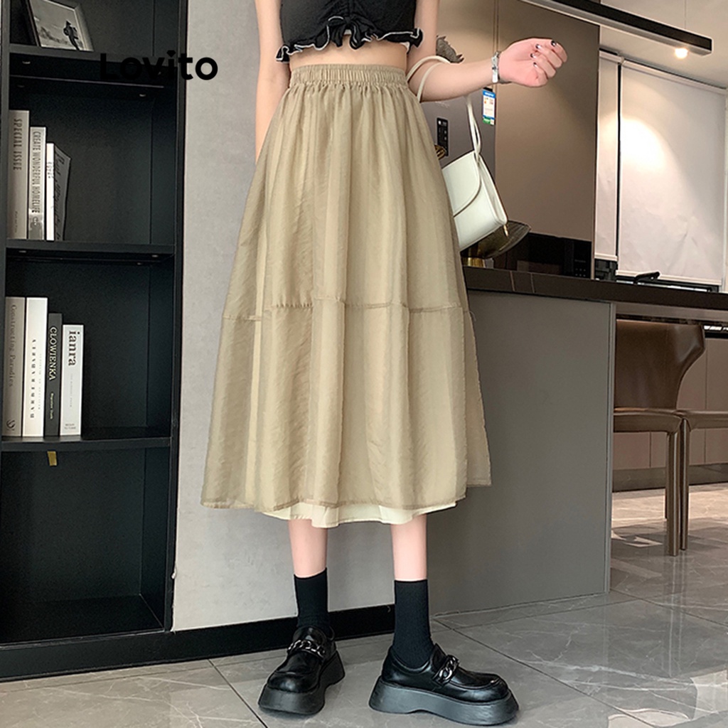 Lovito Váy maxi chữ A phối lưới trơn màu tương phản đơn giản cho nữ LNE09025 (Kaki)