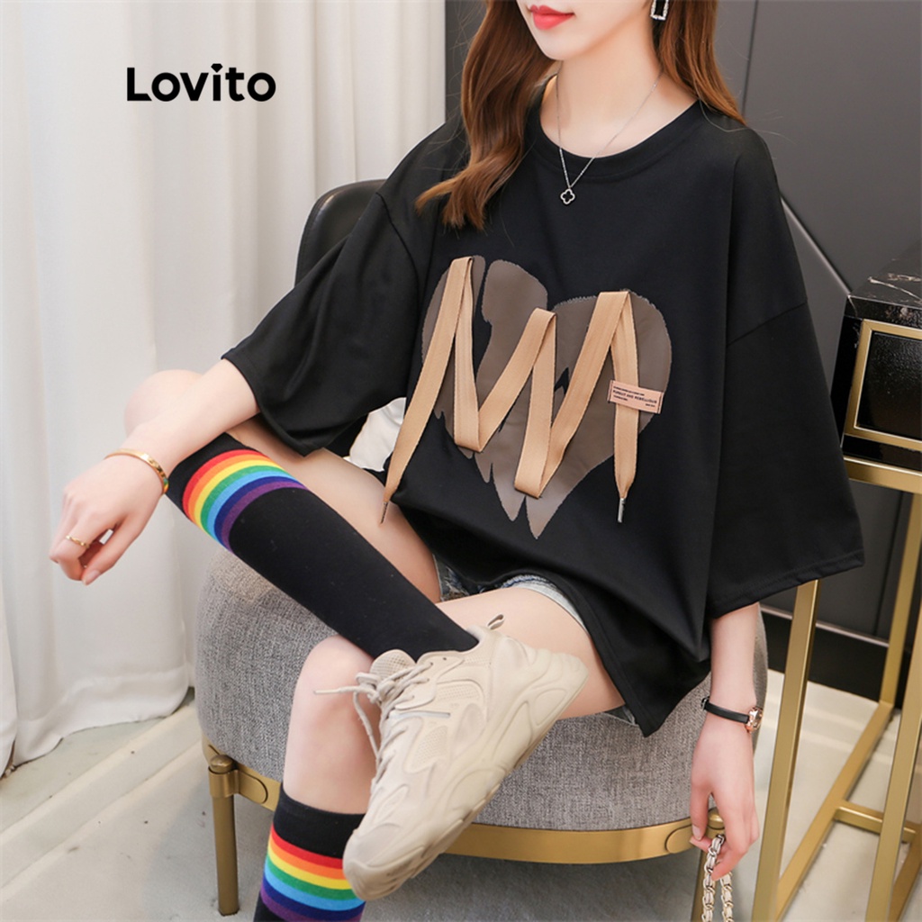 Lovito Áo thun vá hình trái tim thông thường cho nữ LNA09194 (Đen)